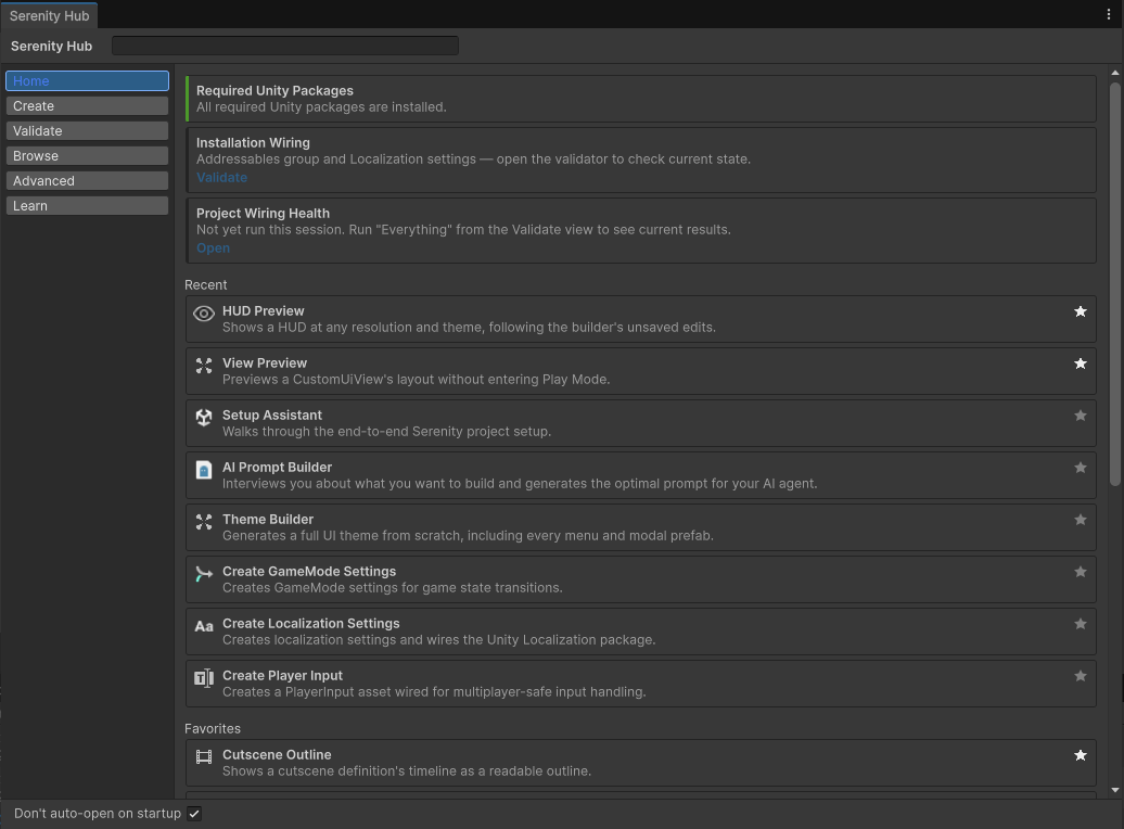 La ventana del Serenity Hub en el editor de Unity, con la vista Home mostrando las tarjetas de estado de validación, herramientas recientes y favoritos.